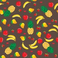 Mango pineapple apple strawberry banana cherry mix fruits abstract seamless pattern on brown background vector