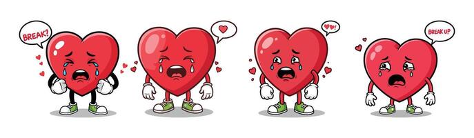Sad Heart Breakup Cartoon Clipart Set Crying Heart Characters with Speech Bubbles on White Background vector