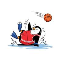 Funny Slipping Penguin Playing Basketball Clipart in Red Jersey with Dunk Attempt and Action Lines vector