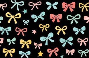 Hand-Drawn Pastel Bow and Star Pattern on Black Background vector