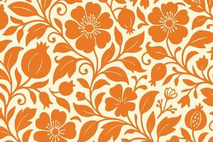 Vintage Floral Pattern with Bold Orange Flowers and Curved Vines on Cream Background vector