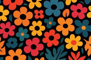 Retro floral pattern with bold and bright flowers on a dark background vector
