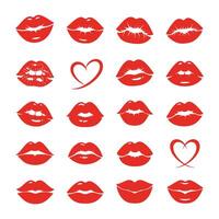 Red Lips Icon Set - Kiss Mark and Romantic Elements vector