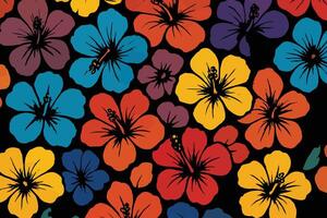 Tropical Hibiscus Flower Pattern with Bold Colors on Black Background vector
