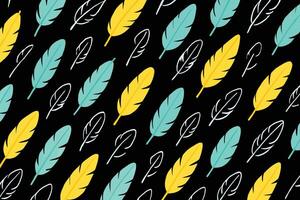 Hand-Drawn Feather Pattern with Yellow and Turquoise Feathers and White Outlines on Black Background vector