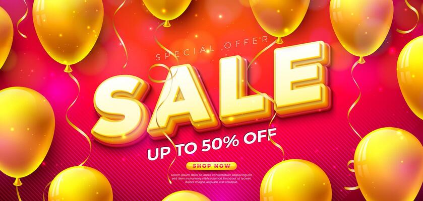 Shopping Day Big Sale Banner Design with 3d Multilayer Text Label and Party Balloon on Red Falling Confetti Background. Special Offer Campaign Discount Illustration for Coupon, Voucher, Banner