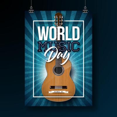 World Music Day Poster Illustration with Musical Notes and Typography Letter on Blue Background. International June 21 Festival Design Template for Post Card, Greeting Card, Holiday Banner