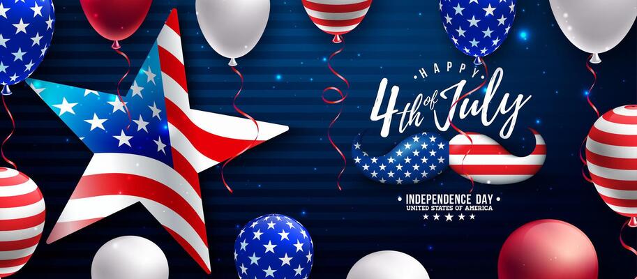 4th of July Independence Day of the USA Illustration with American Flag Pattern Mustache and Star, Party Balloon and Falling Confetti on Dark Blue Background. Fourth of July National