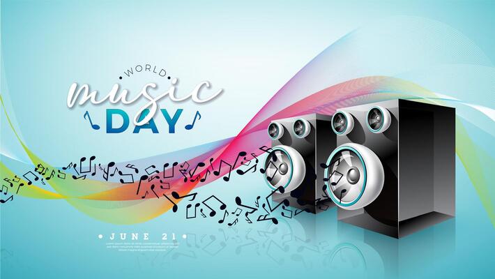 World Music Day Banner Illustration with Loudspeaker, Musical Notes and Typography Letter on Blue Background. International June 21 Festival Design Template for Post Card, Greeting Card