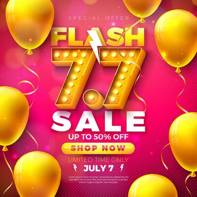 7 July Shopping Day Flash Sale Design with 3d 7.7 Light Bulb Billboard Number and Party Balloon on Red Background. Summer Special Offer 50 Percent Off Campaign Discount Illustration for Coupon