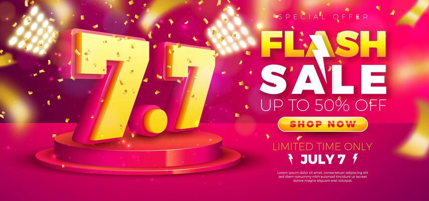 7 July Shopping Day Flash Sale Design with 3d 7.7 Multilayer Number and Stage Podium on Red Background. Summer Special Offer 50 Percent Off Campaign Discount Illustration for Coupon, Voucher