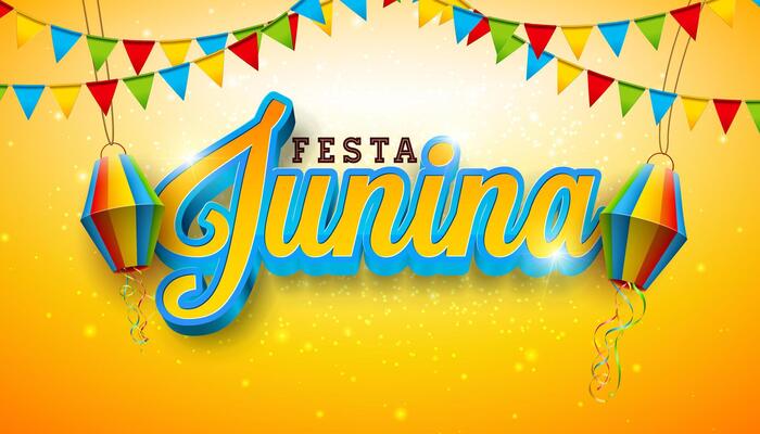 Festa Junina Banner Design with Party Flags, Paper Lantern and 3d Typography Letter on Yellow Background. Brazil Sao Joao June Festival Illustration for Greeting Card, Banner or Holiday Poster.