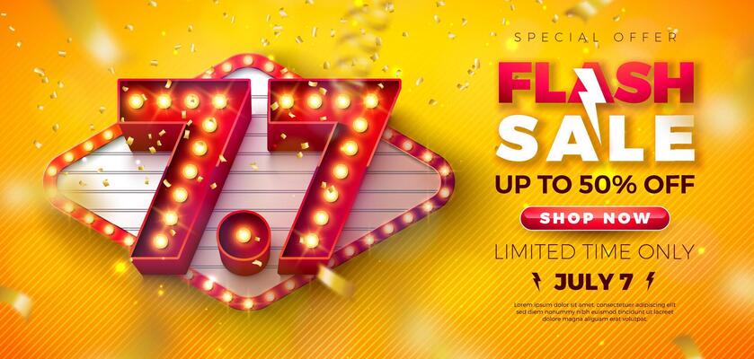 7 July Shopping Day Flash Sale Design with 3d 7.7 Number, Light Bulb Billboard and Typography Lettering on Yellow Background. Summer Special Offer 50 Percent Off Campaign Discount Illustration