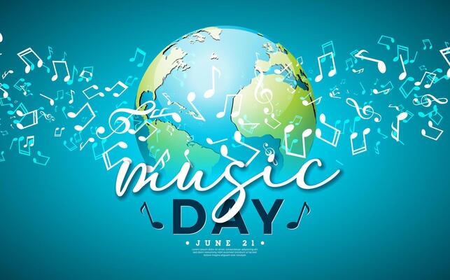 World Music Day Banner Illustration with Musical Notes, Earth Globe and Typography Letter on Blue Background. International June 21 Festival Design Template for Post Card, Greeting Card