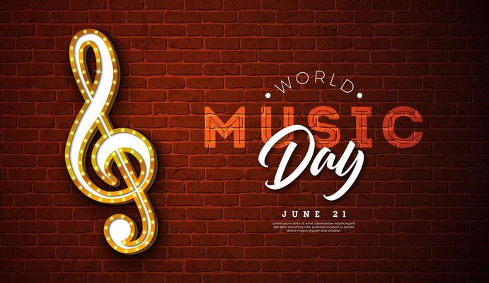 World Music Day Banner Illustration with Light Bulb Signboard Musical Notes and Typography Letter on Vintage Brick Wall Background. International June 21 Festival Design Template for Post Card