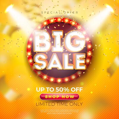 Big Sale Shopping Day Banner Design with Light Bulb Billboard and 3d Text Label on Yellow Falling Confetti Background. Special Offer Campaign Discount Illustration for Coupon, Voucher, Banner