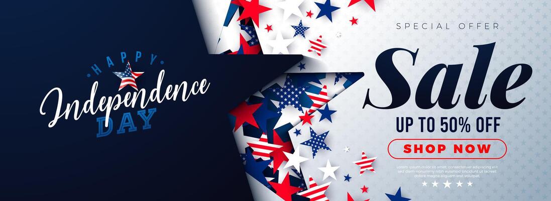 Fourth of July Independence Day Sale Banner Design with American Flag Pattern Falling Stars and Typography Lettering on Blue Background. 4th of July USA National Holiday Illustration with
