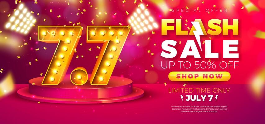 Shopping Day 7 July Flash Sale Design with 3d 7.7 Number, Light Bulb Billboard and Stage Podium on Red Background. Summer Special Offer 50 Percent Off Campaign Discount Illustration for Coupon