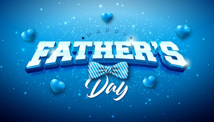 Happy Father's Day Greeting Card Design with Bow Tie and 3d Typography Lettering on Blue Background. Celebration Illustration with Lovely Heart for the Best Dad. Fathers Day Template for Banner