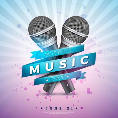 World Music Day Banner Illustration with Microphone and Typography Letter on Shiny Light Background. International June 21 Festival Design Template for Post Card, Greeting Card, Holiday Poster