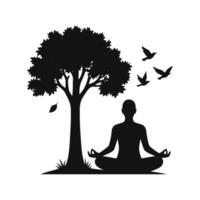 Silhouette of Person Meditating Under Tree with Flying Birds on White Background vector