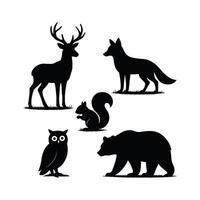 Wild Forest Animal Silhouettes of Deer Fox Bear Owl and Squirrel vector