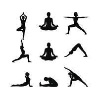 Silhouette Yoga Poses Collection in Meditation and Exercise Positions on White Background vector