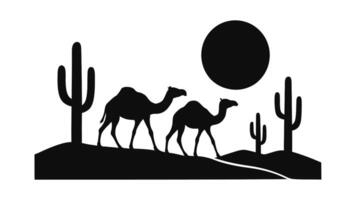 Camel Caravan in Desert Landscape with Cactus and Sun Silhouette on White Background vector