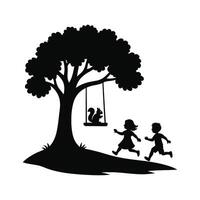 Children Playing Under Tree with Squirrel on Swing Silhouette Illustration vector