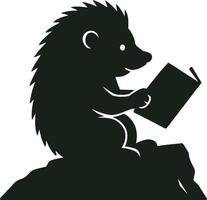 Adorable Hedgehog Sitting on Rock and Reading a Book vector