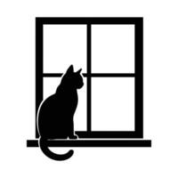 Silhouette of Cat Sitting on Windowsill Looking Outside vector