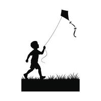 Silhouette of Boy Flying Kite in Grass Field on White Background vector