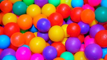 Many colorful plastic balls in pool of game room. indoors playground. photo