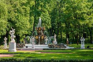 A large beautiful fountain is surrounded by green trees and classical statues in the Summer Garden of St. Petersburg. photo