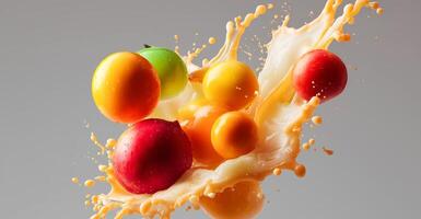 Fruits like apples and oranges splash bright juice, creating a vibrant display that highlights the joy of cooking with fresh ingredients. photo
