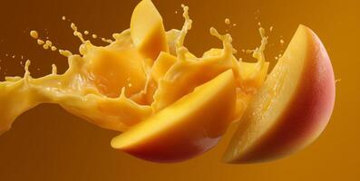 Bright yellow mango slices burst through a splash of juice, creating a lively scene filled with fresh flavors. The dynamic motion captures the essence of tropical cooking and refreshing visits. photo