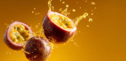 Fresh passion fruits splash juice as they burst open, revealing vibrant pulp. The vivid yellow background enhances the lively scene, showcasing the freshness and appeal of cooking with fruit. photo