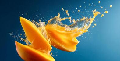 Bright yellow mango slices are flying through the air, splashing juice in a lively kitchen setting. The vibrant colors and dynamic movement capture the joy of preparing fresh ingredients. photo