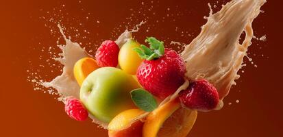 A vibrant display of various fresh fruits splashing into cream, showcasing the dynamic action of preparing a delicious dessert. Bright colors highlight the joyful cooking process. photo