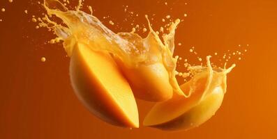 Fresh mango slices burst into a splash of juice against a bright orange background, emphasizing the juicy texture and vibrant color, ideal for cooking or beverage preparation. photo