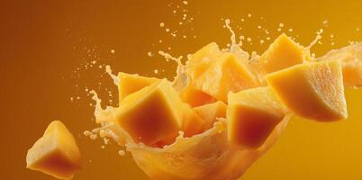 Fresh mango chunks are caught in mid-air as they splash into a bright orange juice. The dynamic motion captures the essence of summer cooking, emphasizing the joy of preparing flavorful dishes. photo