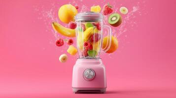 Vibrant fruits like bananas, kiwis, and raspberries are caught mid-air above a pink blender. This creative activity showcases the joyful art of cooking while preparing a healthy smoothie. photo