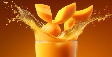 Juicy mango pieces fall into a clear glass of orange juice, creating a delightful splash. The rich colors and dynamic movement capture the freshness and energy of the cooking moment. photo