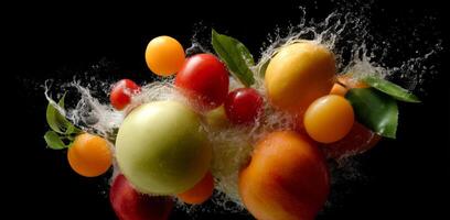 Fresh fruits including apples, tomatoes, and oranges burst through water, adding excitement to cooking activities. This lively action captures the essence of vibrant culinary preparation. photo