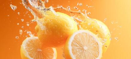 Fresh lemons are bursting through the water with droplets flying in all directions against a bright orange background, highlighting their zesty flavor during food preparation and cooking. photo