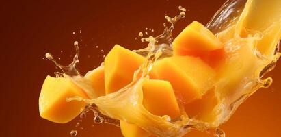 Juicy mango pieces are caught mid-air, splashing into a golden liquid with droplets flying around. The vibrant colors create a refreshing and dynamic feel, suggesting a delicious drink. photo