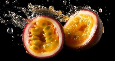 Two halves of a ripe passion fruit fall into water, creating dynamic splashes. The juicy pulp is revealed, showcasing vibrant colors and texture, perfect for culinary inspiration in the kitchen. photo