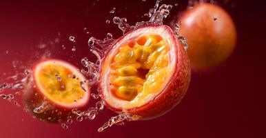 Passion fruits burst open, revealing juicy pulp while splashes of water surround them. The kitchen backdrop highlights an artistic cooking atmosphere with bold colors and textures. photo