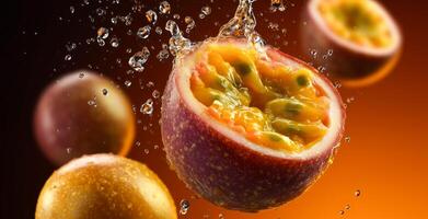 Juicy passion fruit bursts open, releasing its fragrant pulp and seeds. Water droplets splash around the fruit, creating an inviting atmosphere in a modern kitchen setting. photo