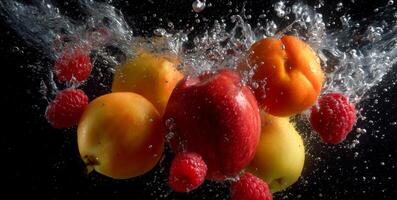 Juicy fruits including apples, apricots, and raspberries are dramatically splashing into clear water, creating bubbles and ripples. This lively display showcases their freshness and color. photo